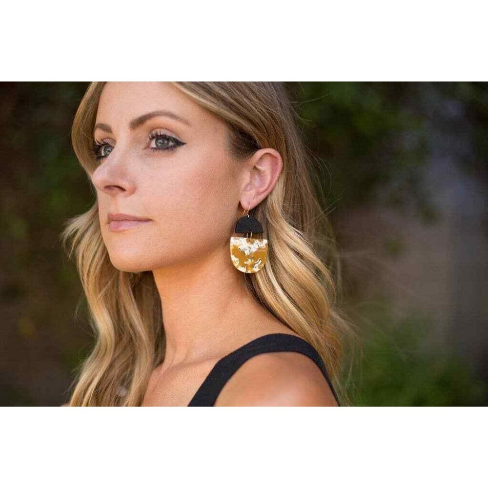 Mustard Yellow Wood and Acrylic Deco Drop Statement Earrings